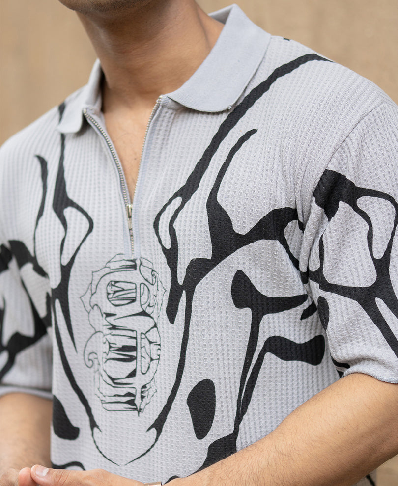Grey Structured Print Polo T-Shirt
