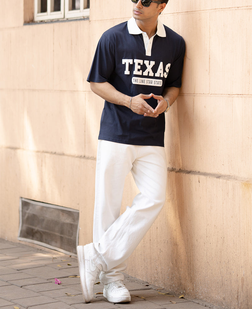 Navy Contrast Print Polo T-Shirt