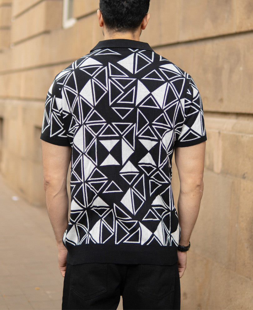Black Geometric Knit Polo T-Shirt
