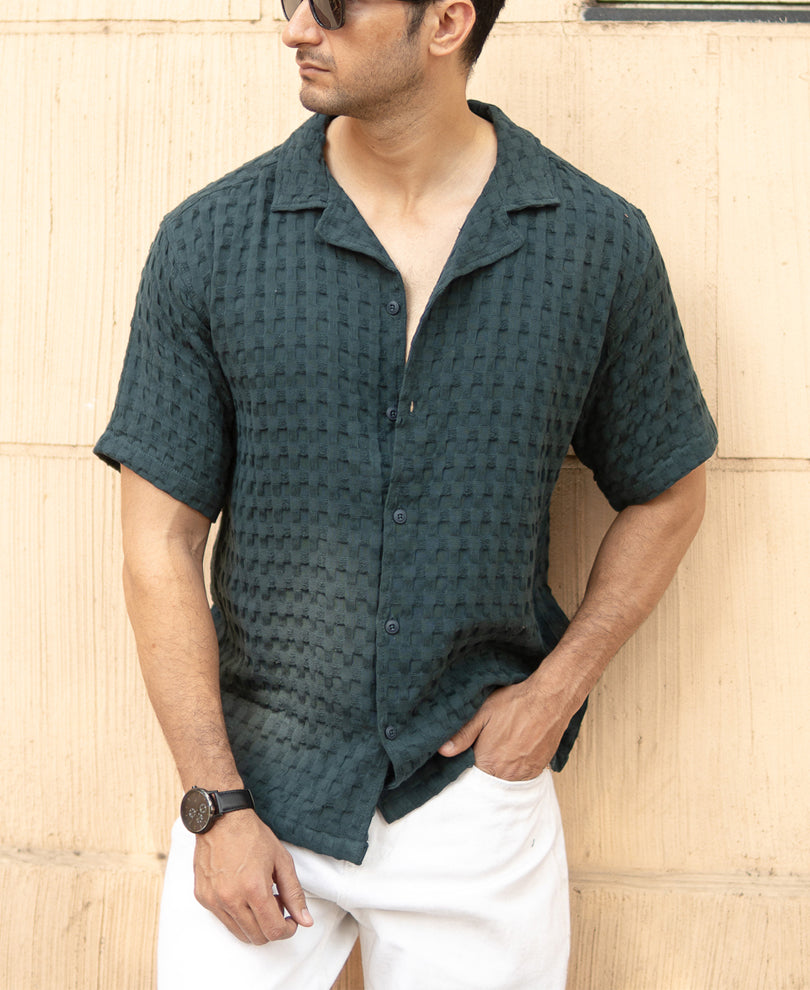 Bottle Green Structured Oversized Half Sleeeves Shirt