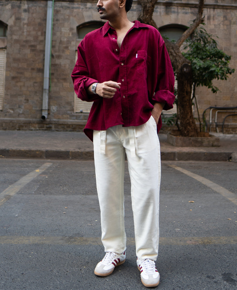 Off White Cotton Pant With Belt
