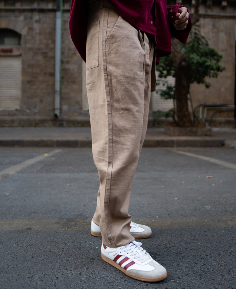 Beige Cotton Pant With Belt