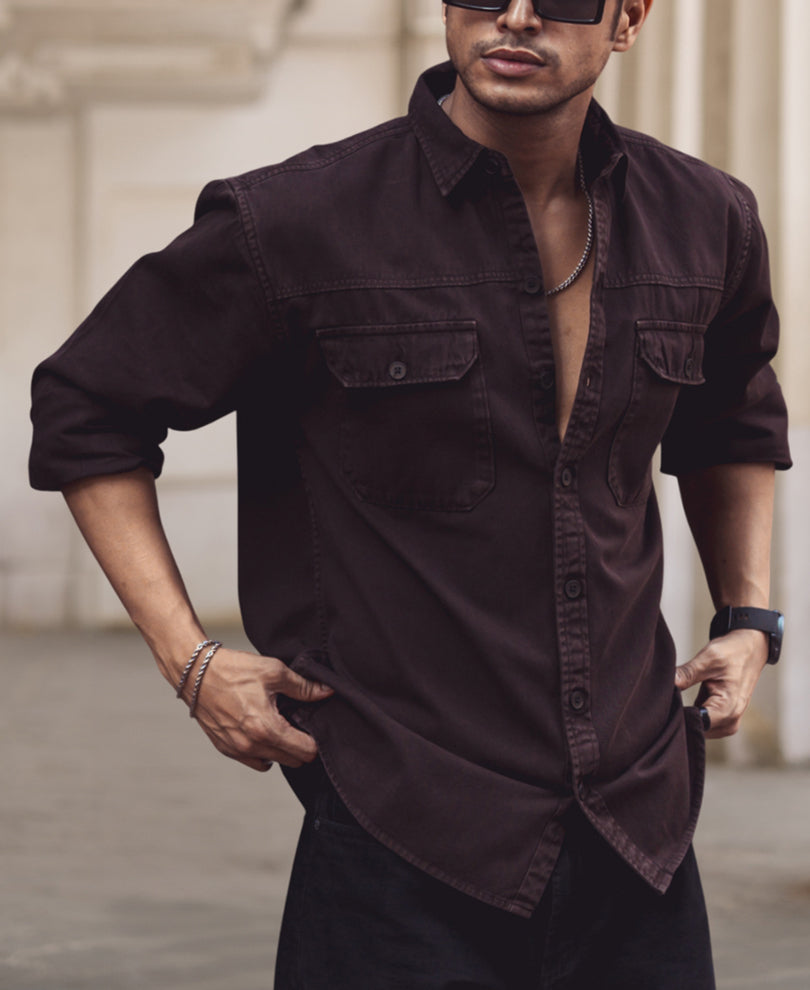 Dark Brown Denim Shacket Full Sleeves Shirt