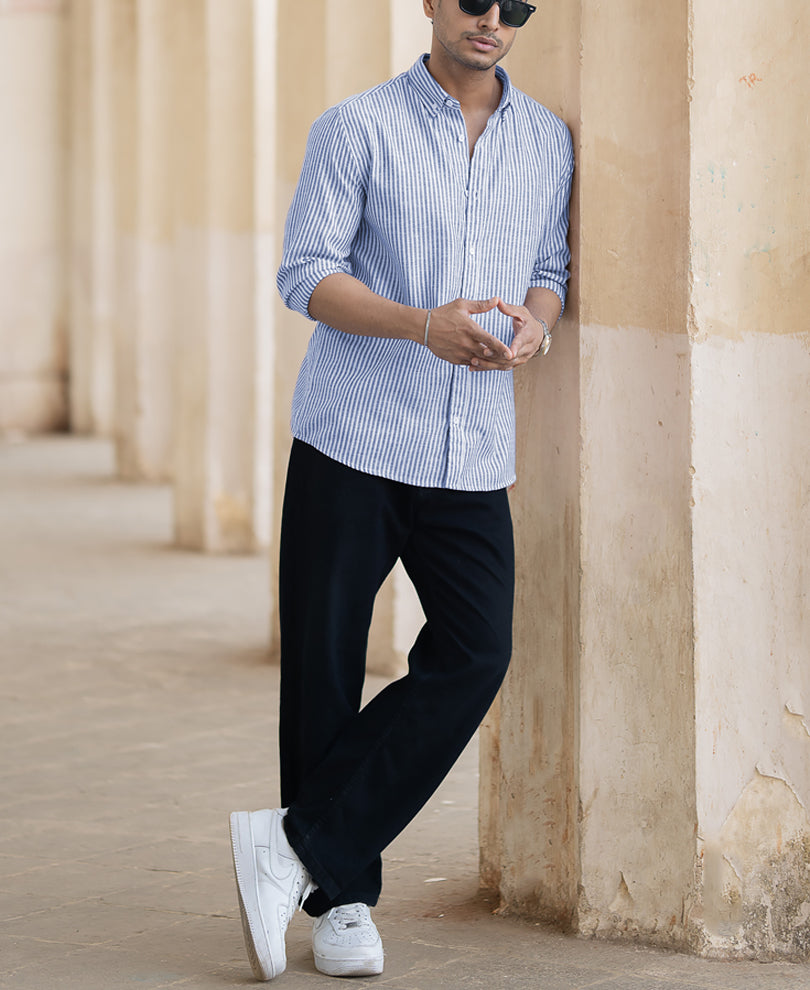 Blue And White Striped Full Sleeves Regular Fit Shirt