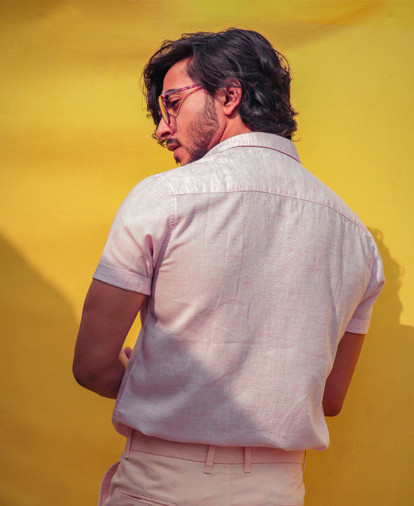 Mens Pink Plain Linen Shirt