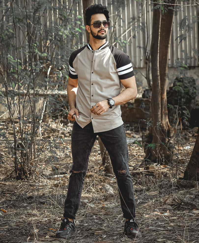 Beige Baseball Button Style Half Sleeves T Shirt