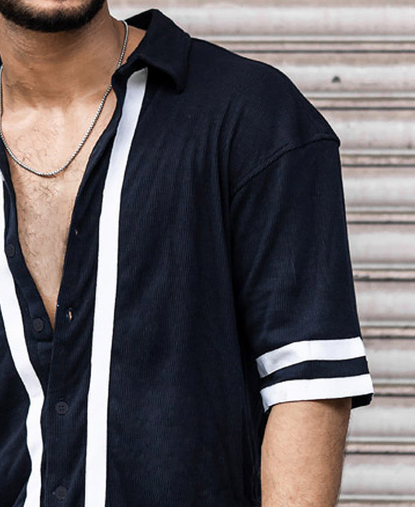Navy Blue Button Style Oversize Drop Shoulder T Shirt