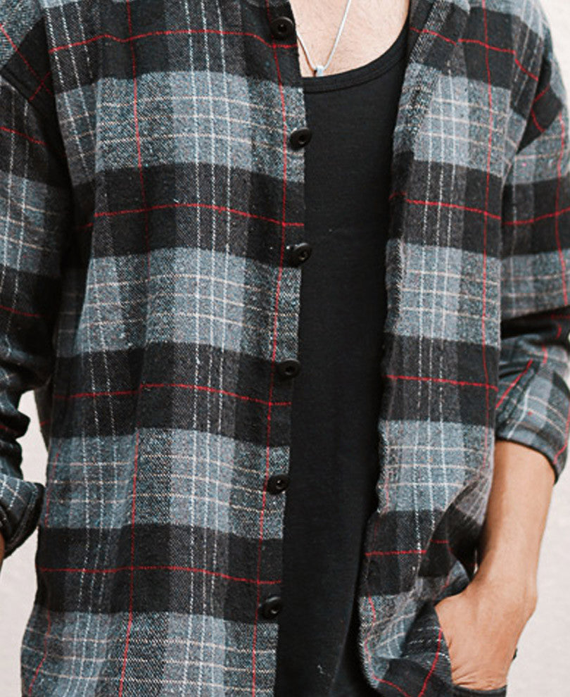 Dark Grey Plaid Checks Oversize Drop Shoulder Shirt