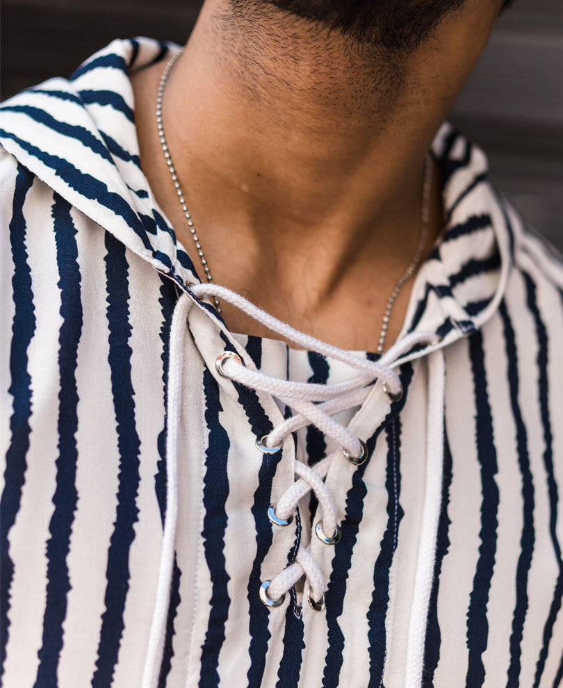 White Stripe Hooded Kurta Style Full Sleeves Shirt