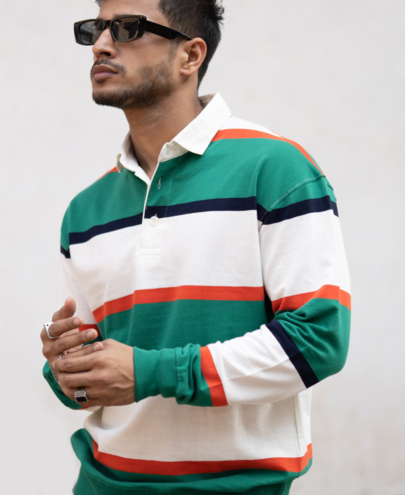 Green Striped Polo Collar Full Sleeves Sweatshirt