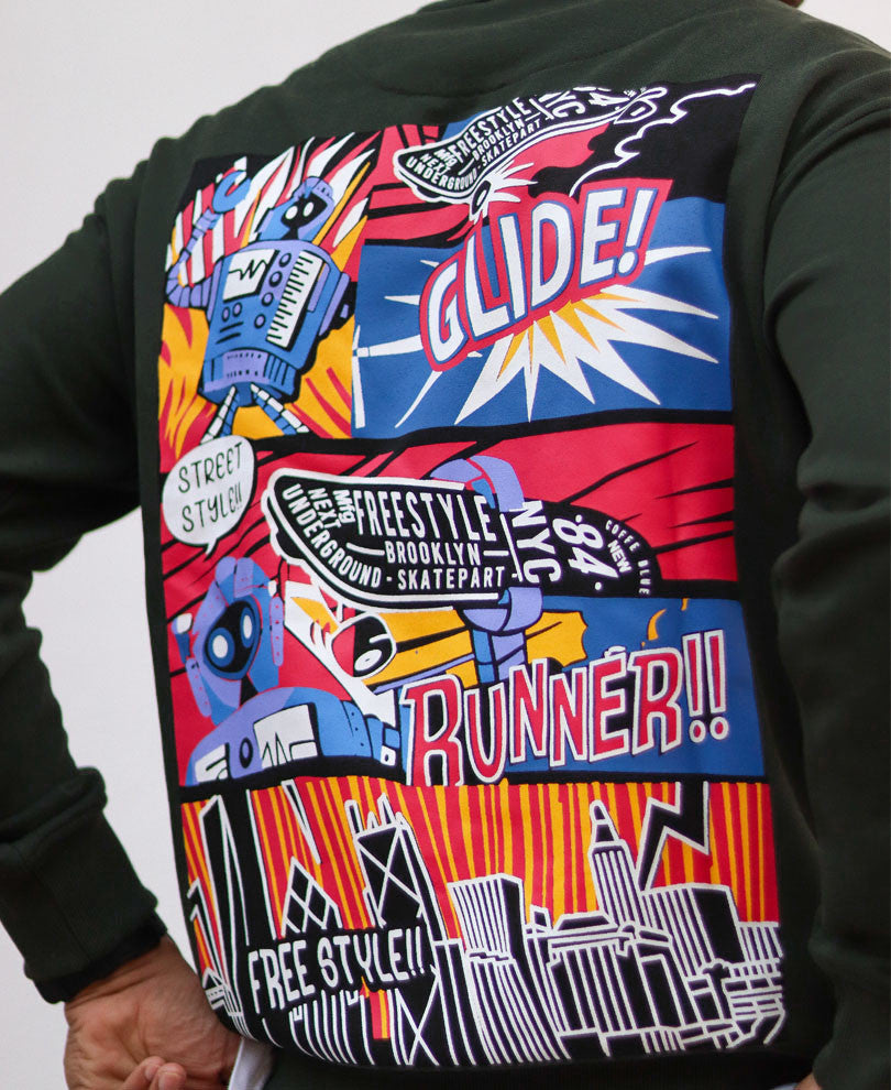 Olive Comic Back Print Oversize Drop Shoulder Sweatshirt