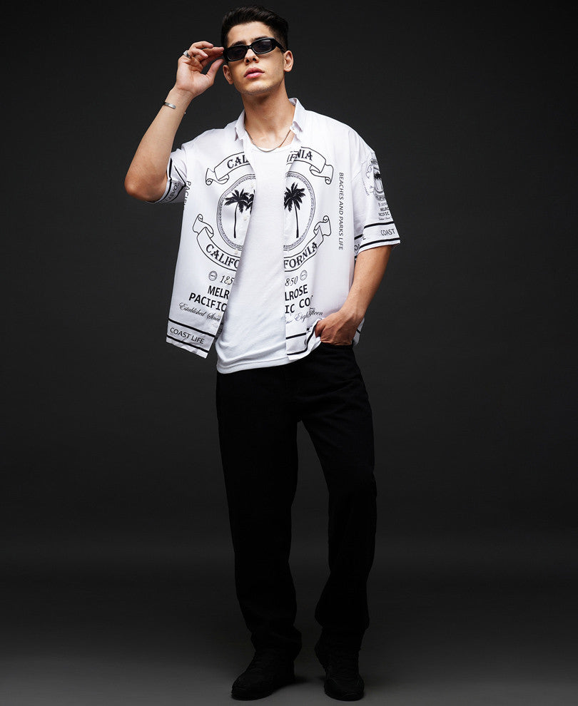 White California Print Oversize Drop Shoulder Shirt