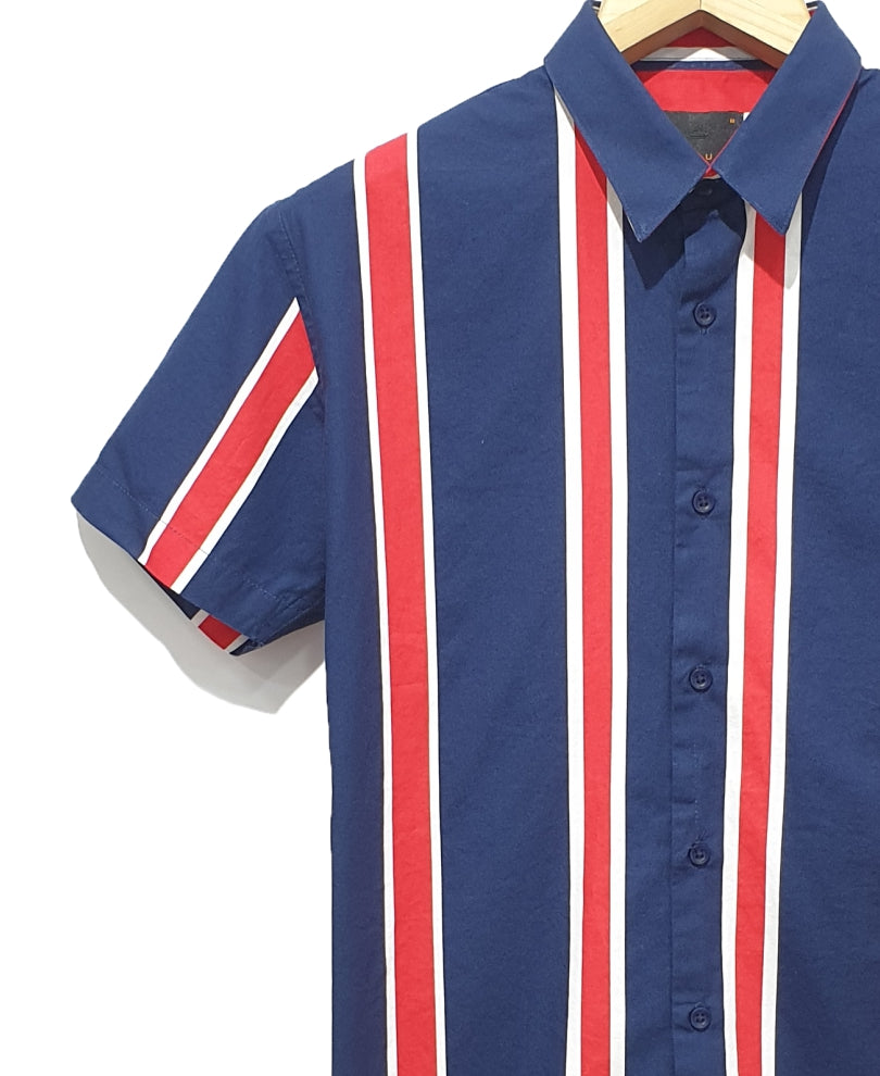 Navy Blue Multi Stripes Print Half Sleeves Shirt
