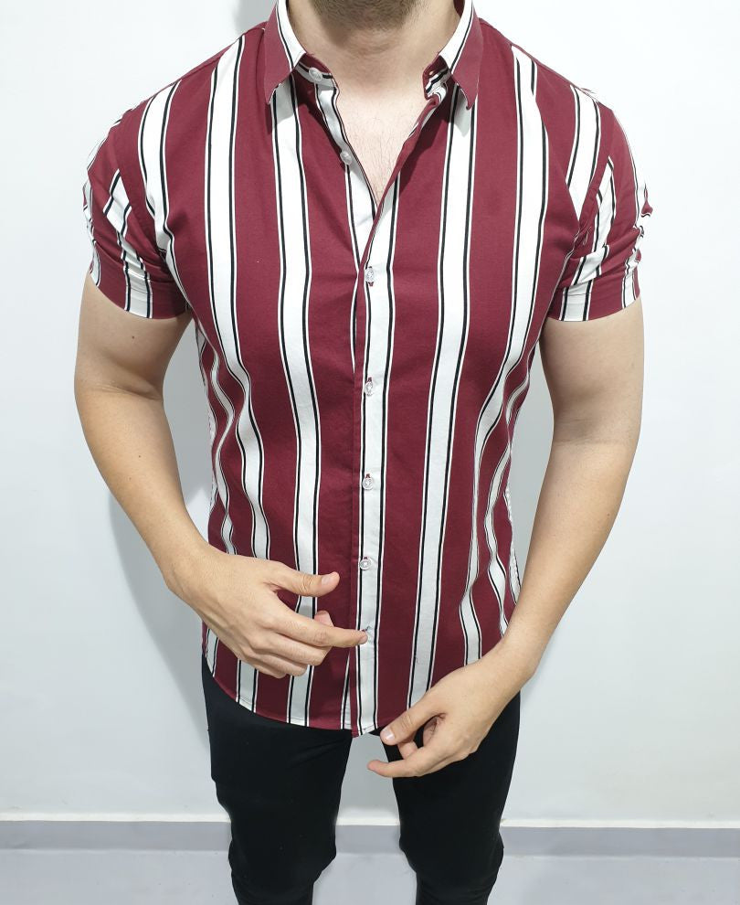 Maroon And White Stripes Print Half Sleeves Shirt