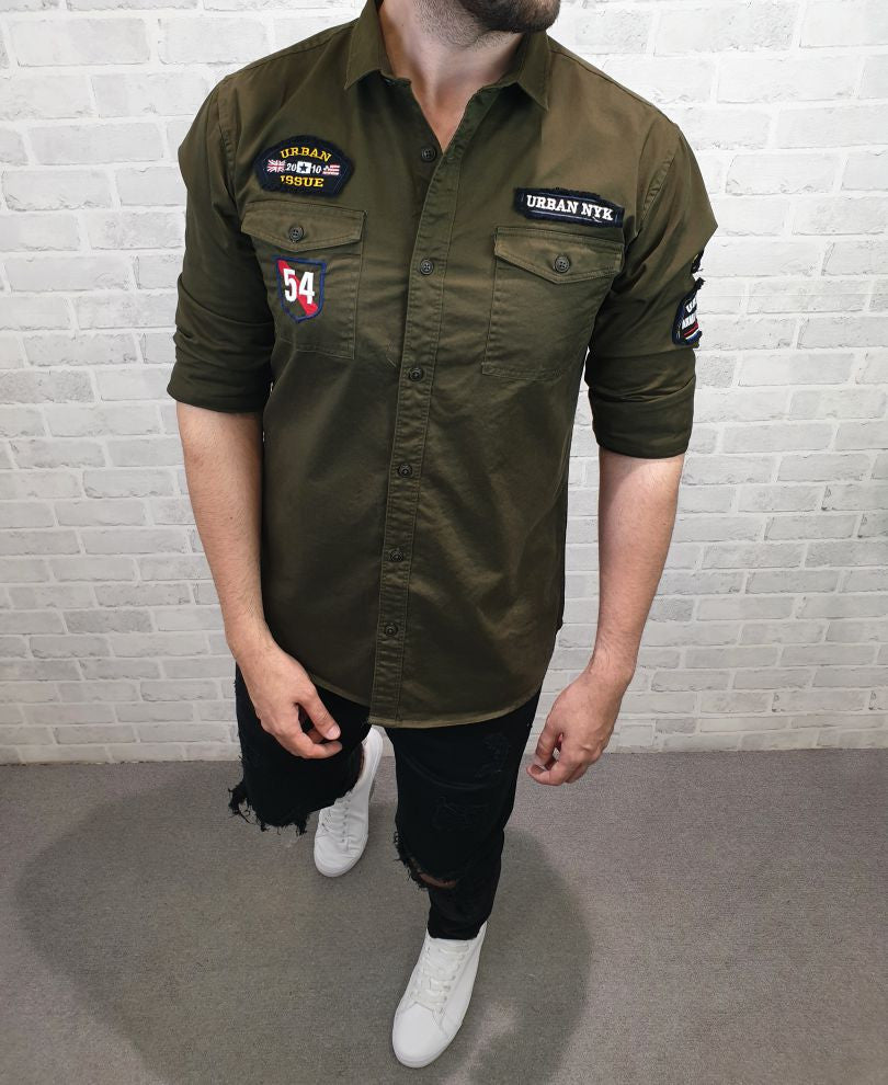 Olive Green Patch Print Full Sleeves Shirt