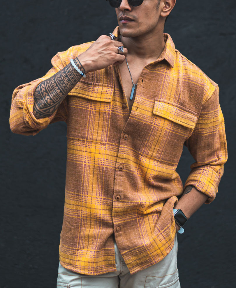 Mustard and Brown Checks Shacket Oversized Shirt