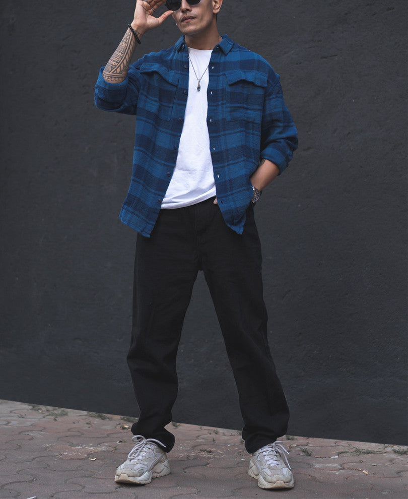 Blue Structured Checks Shacket Oversized Shirt