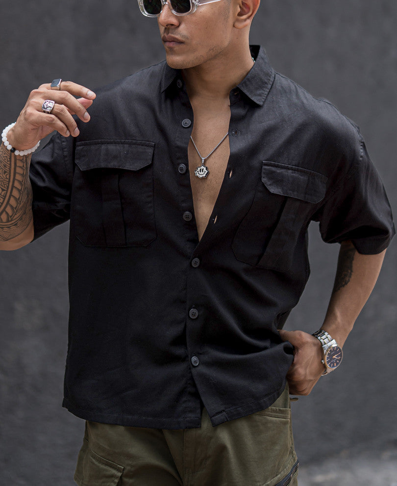 Black Three Pockets Oversize Drop Shoulder Shirt