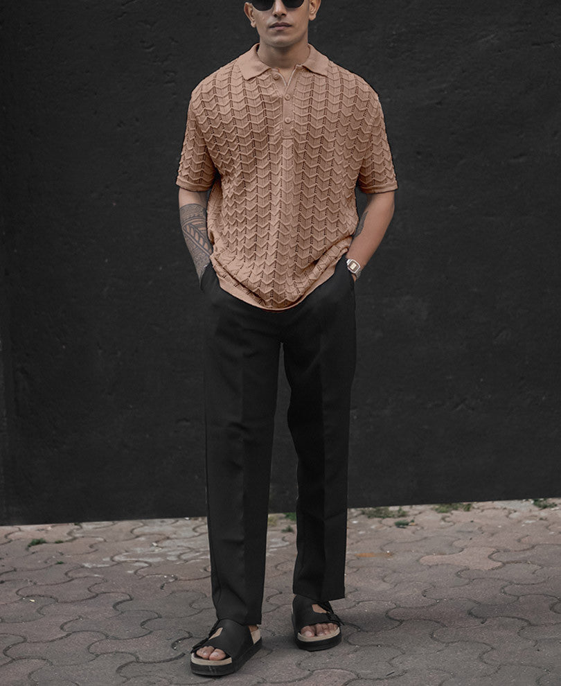 Beige Crochet Knit Half Sleeves T Shirt