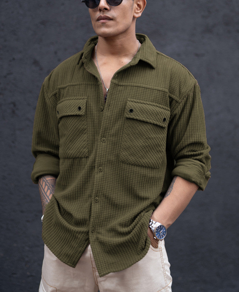 Olive Green Structured Knit Oversized Shirt