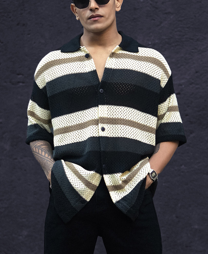Multicolor Crochet Knit Striped Oversized Shirt