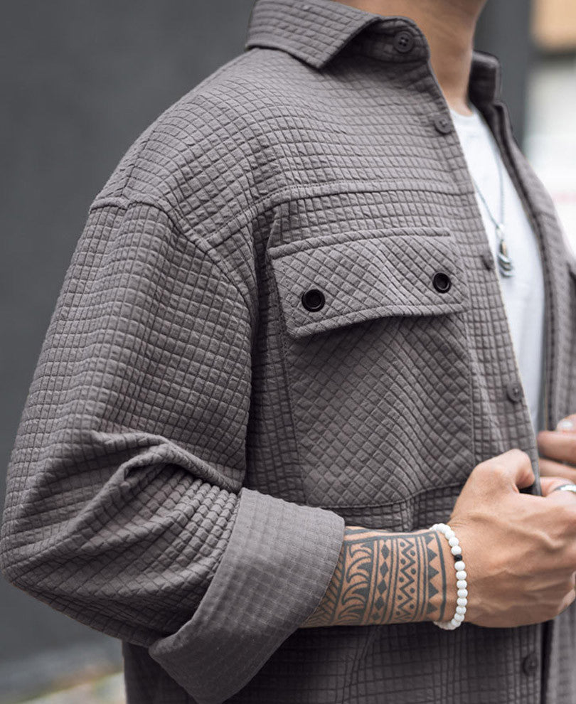 Dark Grey Structured Knit Full Sleeves Oversized Shirt