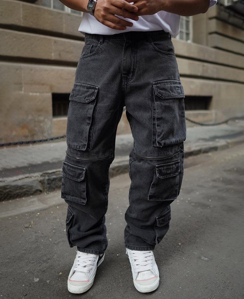 Black Denim Cargo Pocket Baggy Fit Jeans