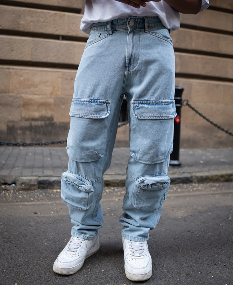 Ice Blue Baggy Fit Denim Jeans With Pockets