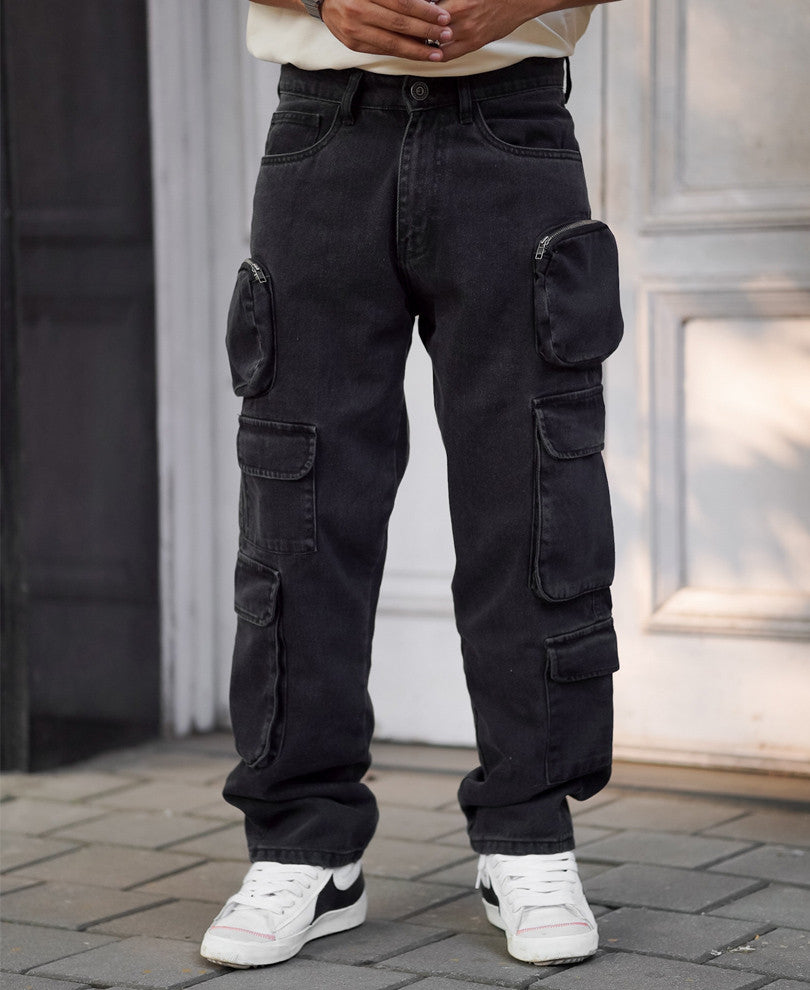 Charcoal Black Side Pocket Baggy Fit Jeans