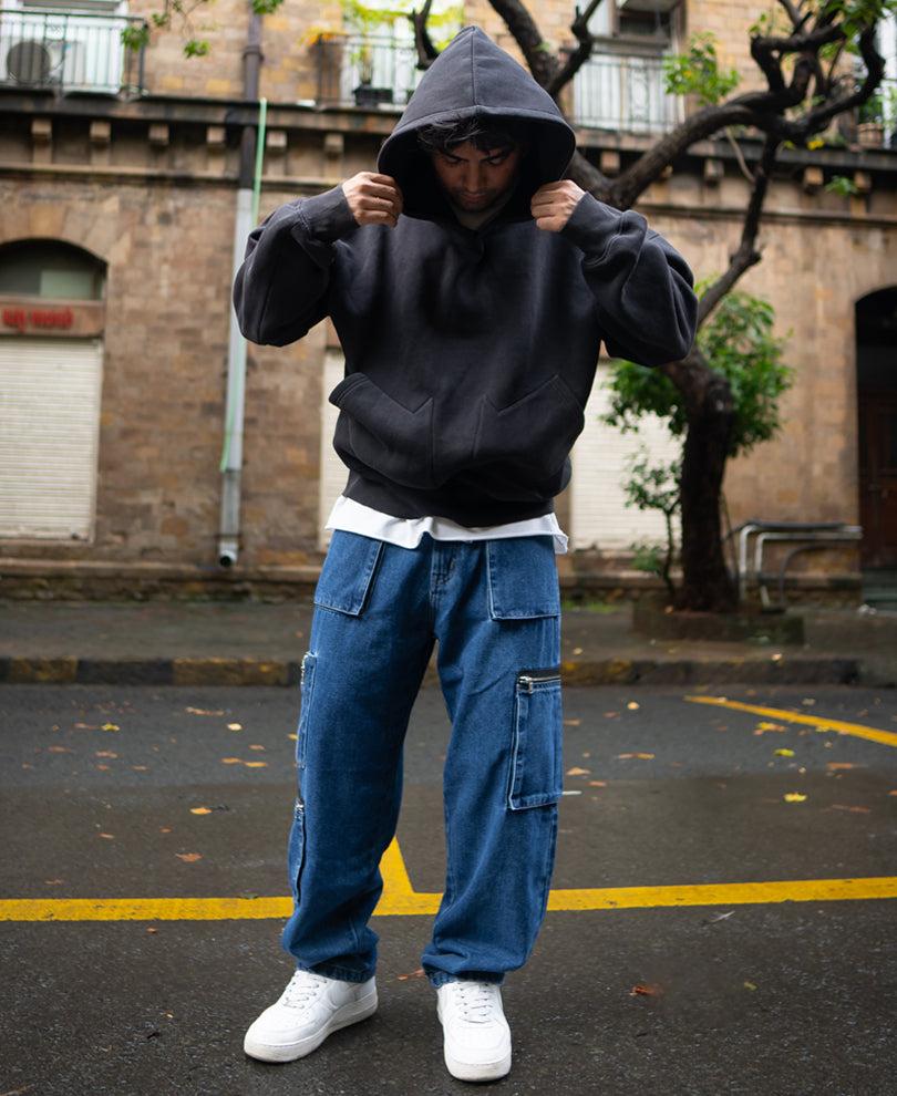 Dark Blue Solid Baggy Fit Cargo Denim Jeans