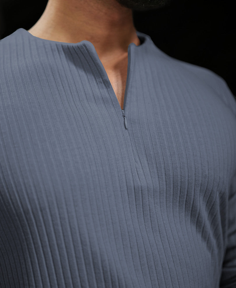 Grey Structured Full Sleeves Regular Fit T-Shirt