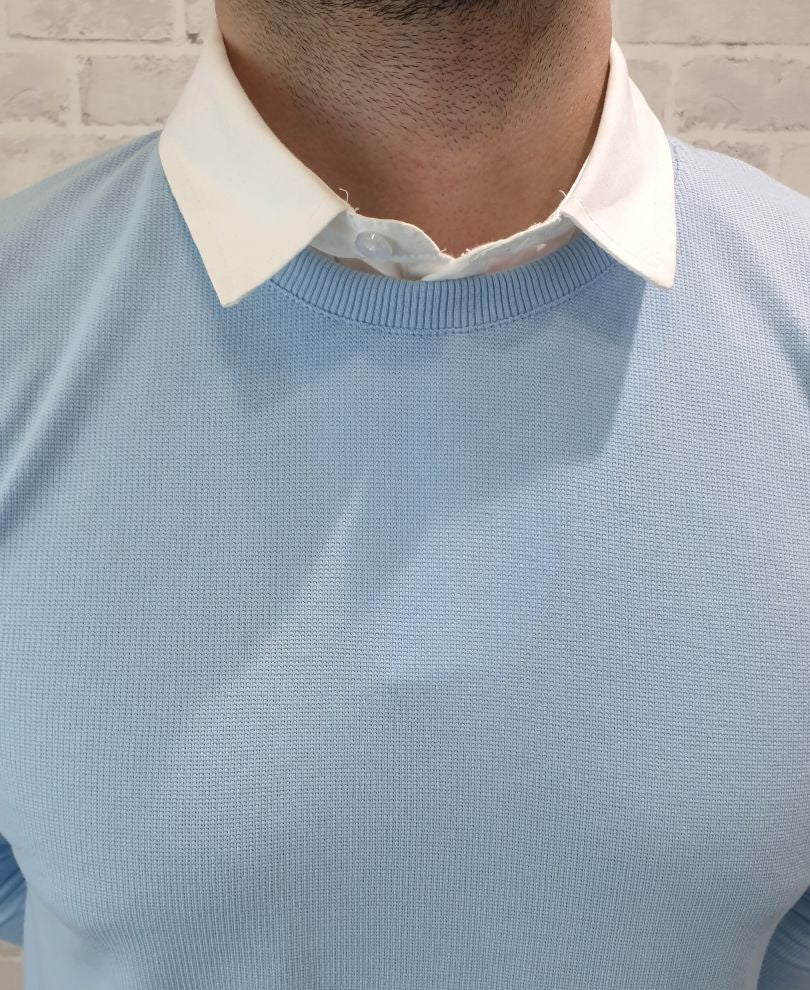 Sky Blue White Collar Full Sleeves T Shirt