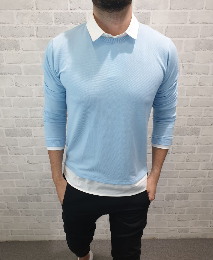 Sky Blue White Collar Full Sleeves T Shirt