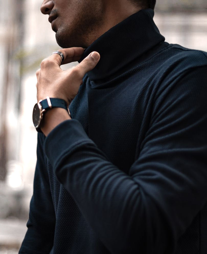 Navy Blue Polo Neck Full Sleeves T Shirt