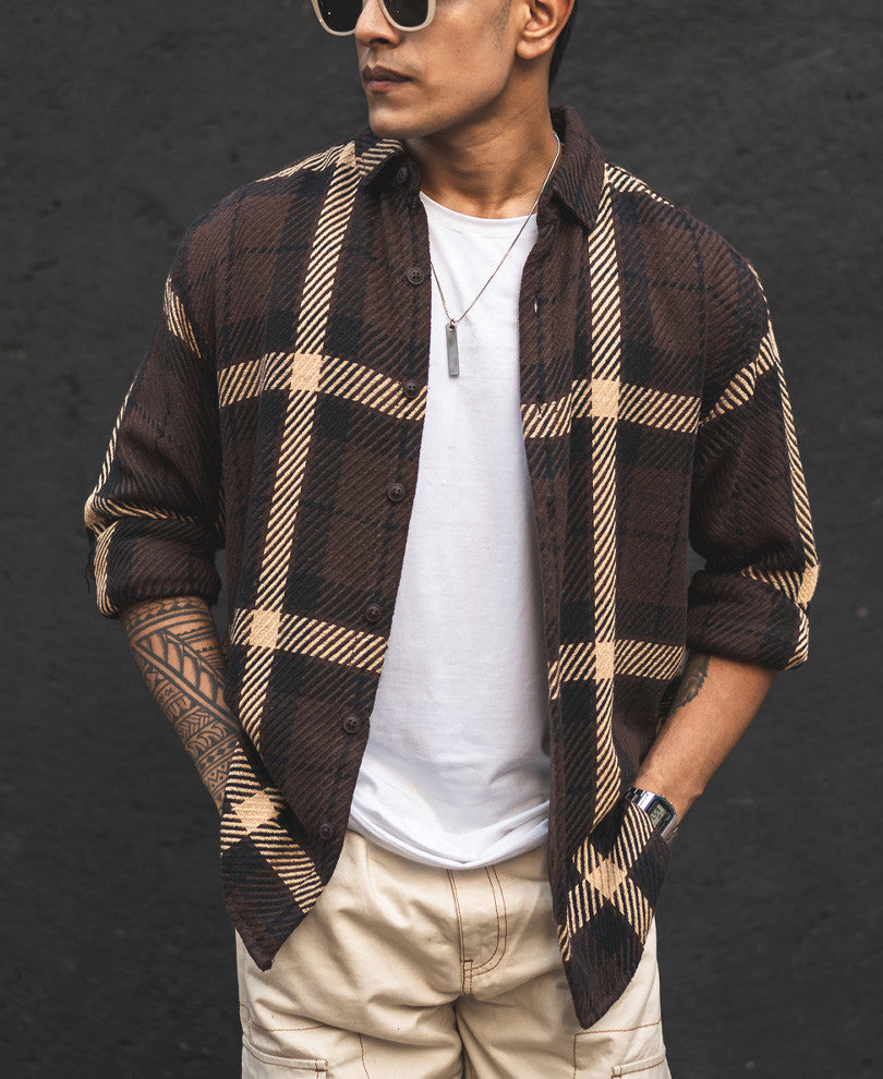 Dark Brown and Beige Flannel Checks Oversized Shirt