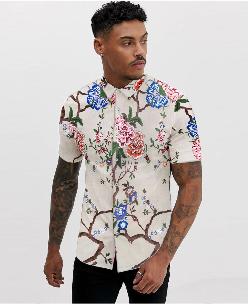 Beige Floral Printed Half Sleeves Shirt