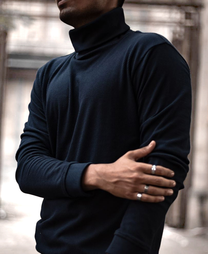 Navy Blue Polo Neck Full Sleeves T Shirt