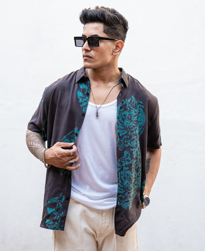 Black Flowers Print Half Sleeves Shirt