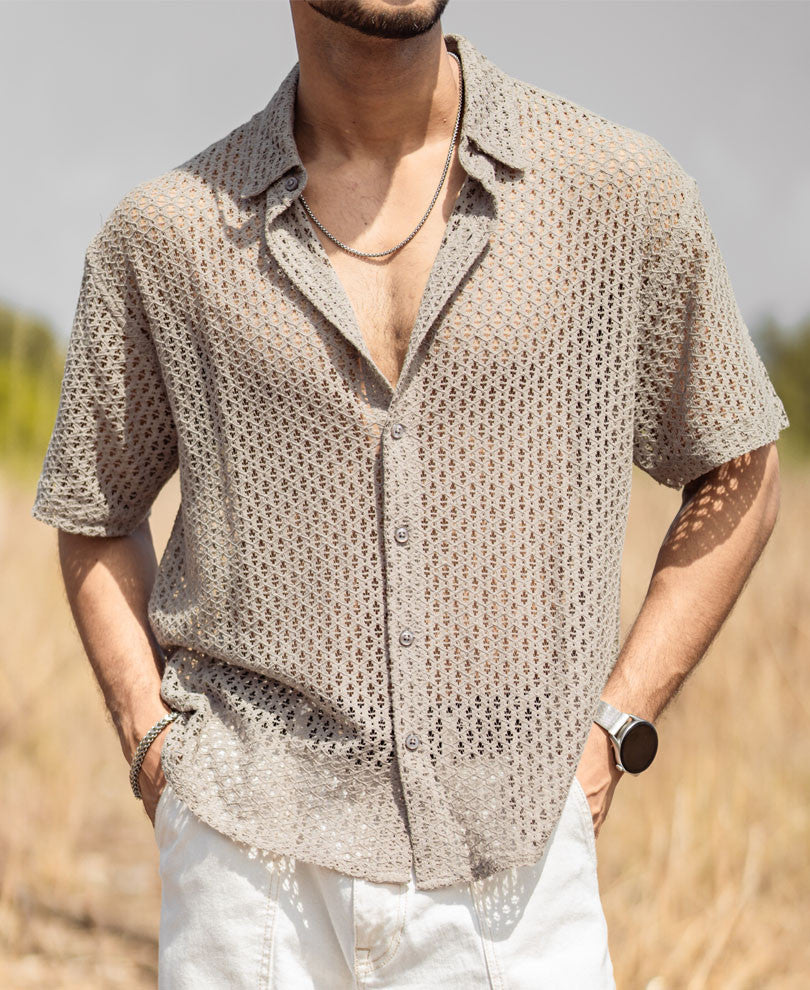 Light Grey Sheer Pattern Oversize Drop Shoulder Shirt