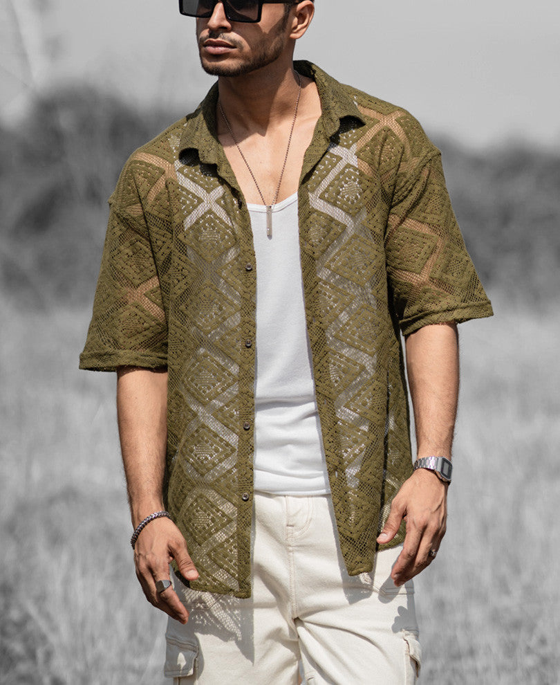 Olive Green Sheer Pattern Oversize Drop Shoulder Shirt
