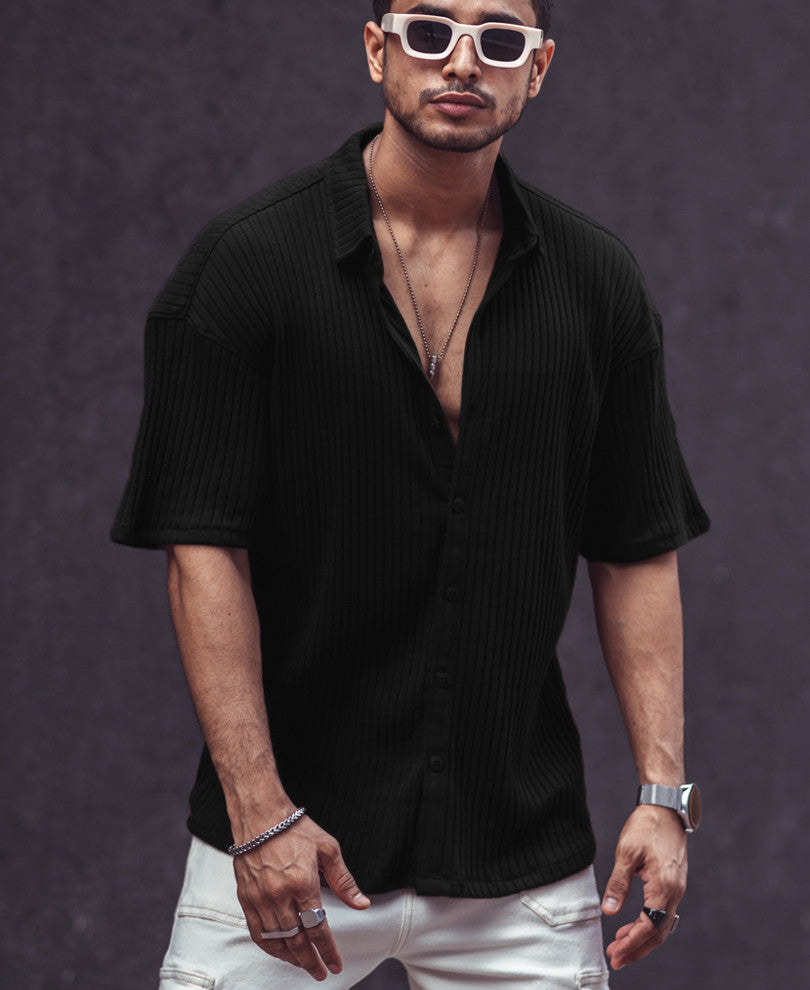 Black Rib-Knit Oversize Drop Shoulder Shirt