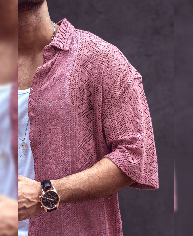 Peach Sheer Pattern Oversize Drop Shoulder Shirt