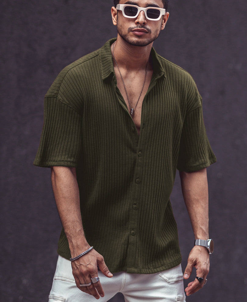 Olive Green Rib-Knit Oversize Drop Shoulder Shirt