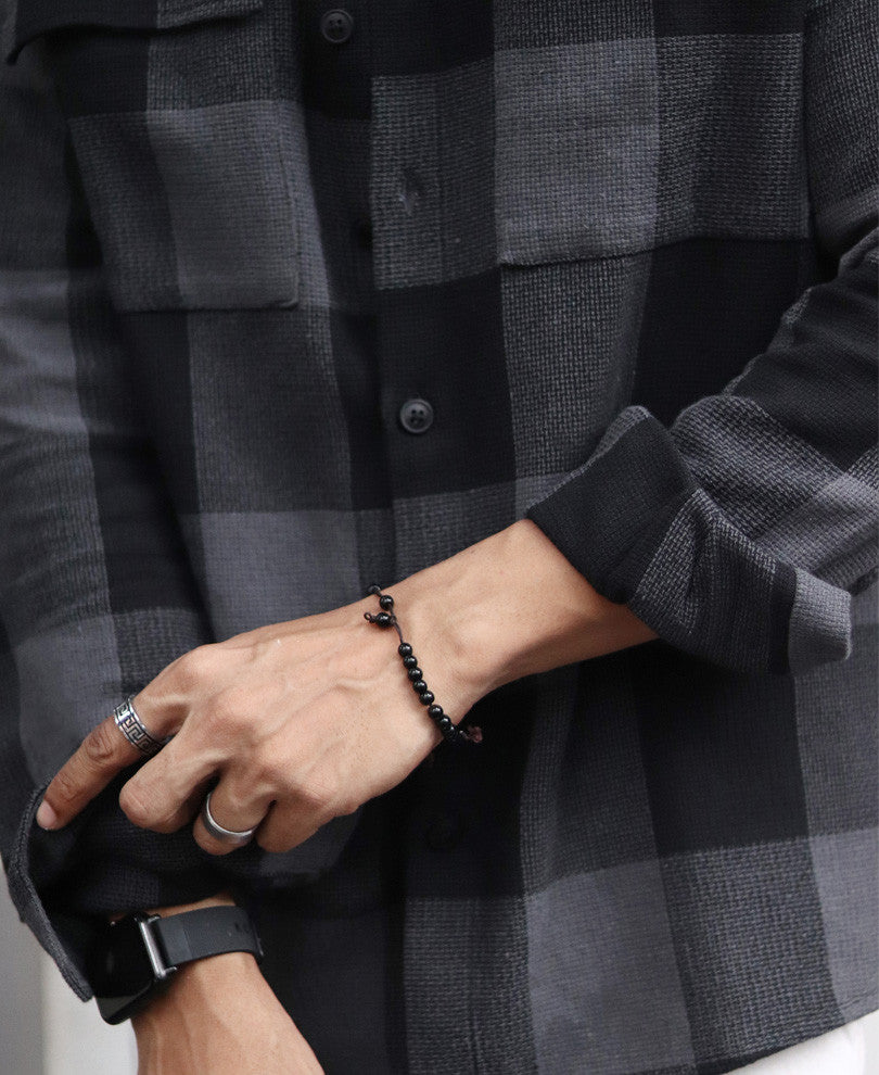 Charcoal Black Checks Structured Oversize Drop Shoulder Shirt