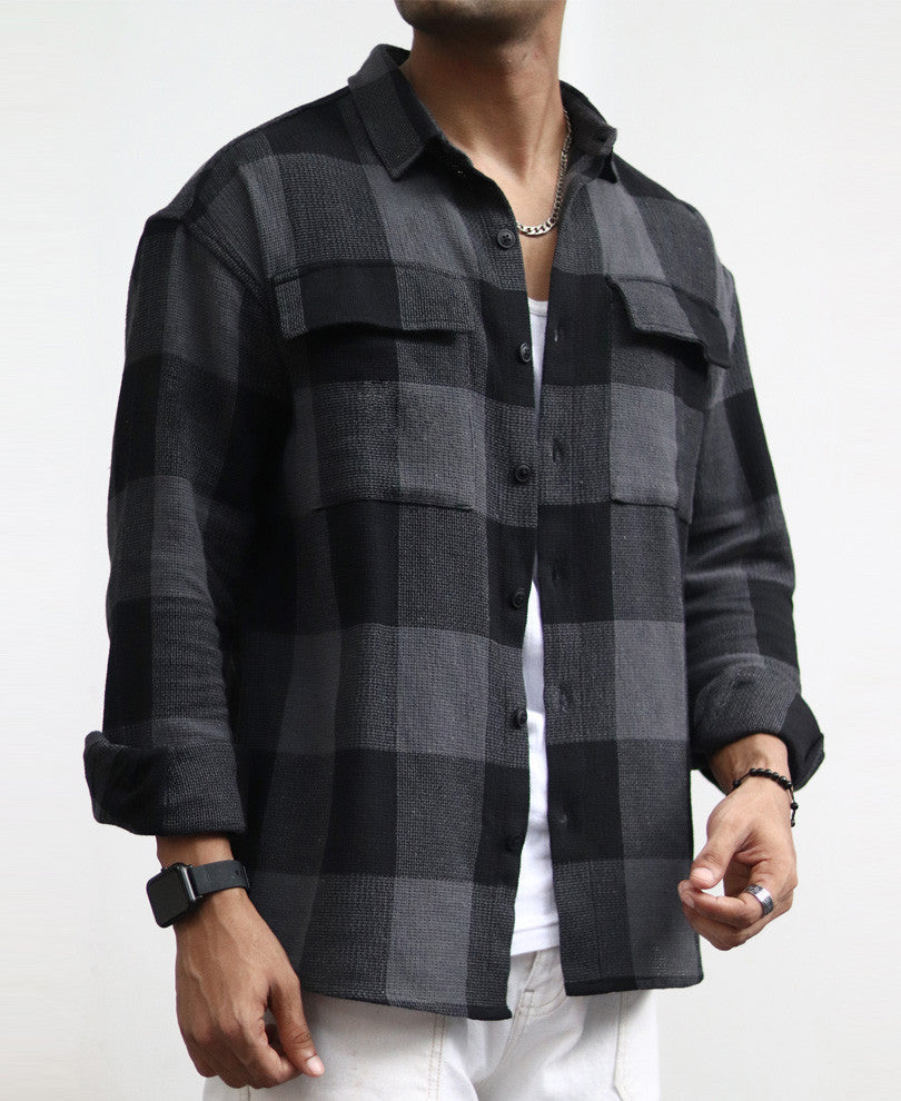 Charcoal Black Checks Structured Oversize Drop Shoulder Shirt