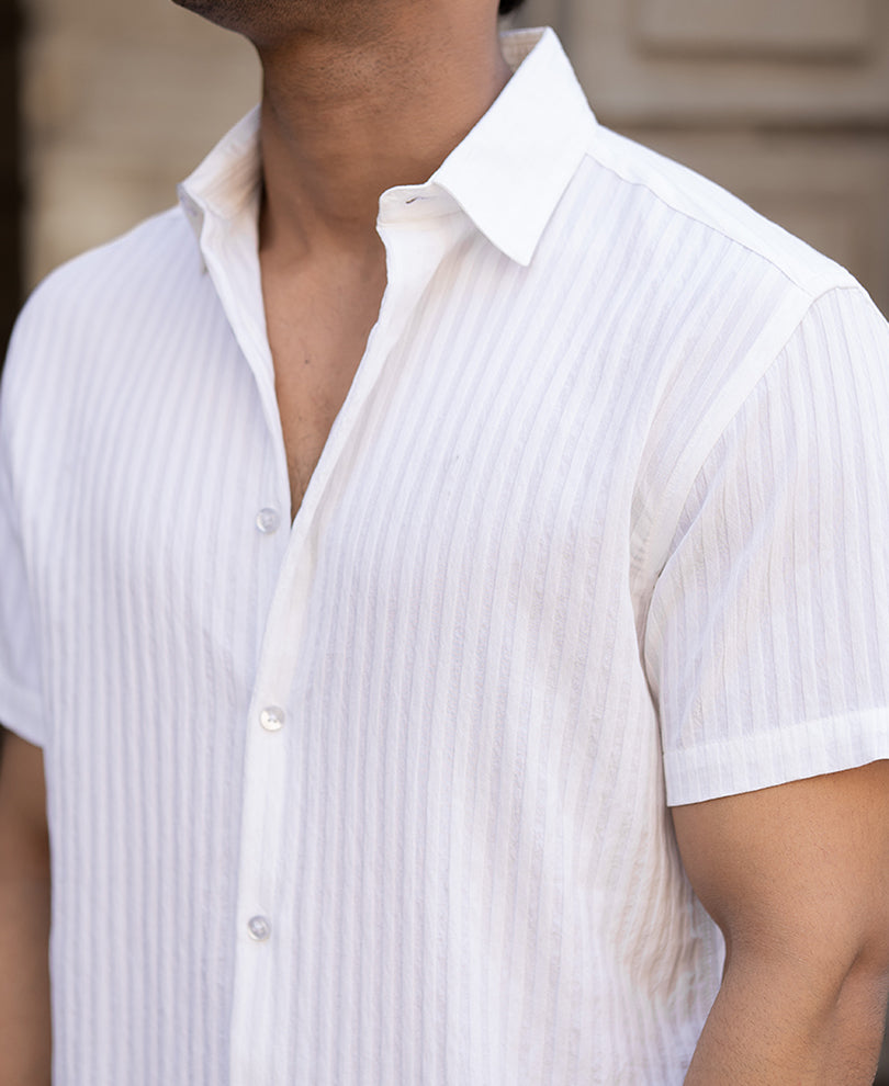 White Regular Fit Structure Half Sleeves Shirt
