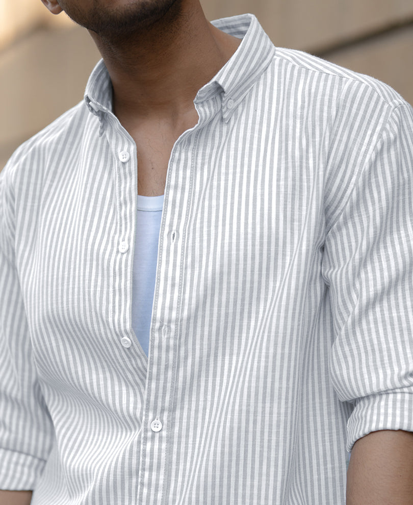 Light Grey Stripes Full Sleeves Regular Fit Shirt