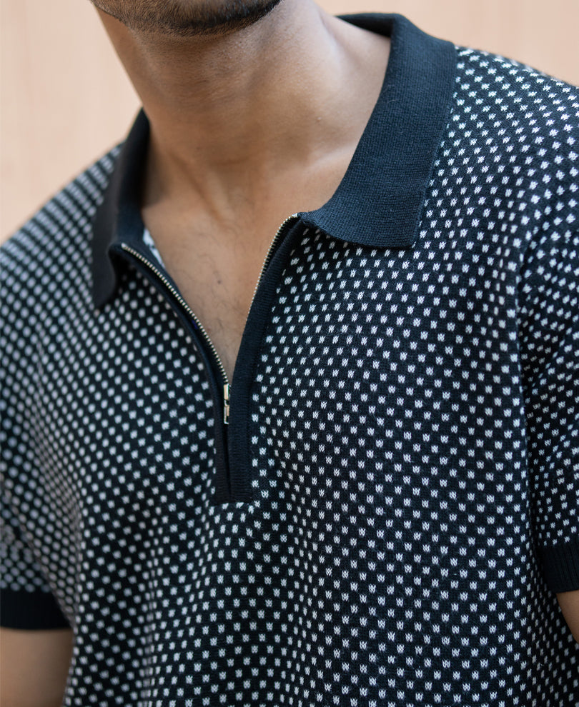 Black Jacquard Knit Polo T-Shirt