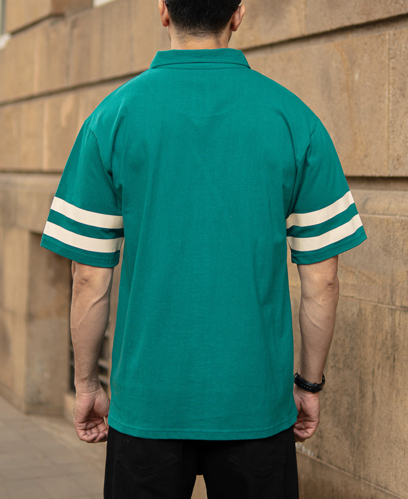 Teal Graphic Zipper Polo T-Shirt