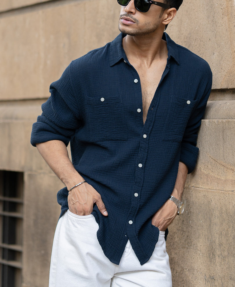 Navy Crinkled Shirt With Pockets